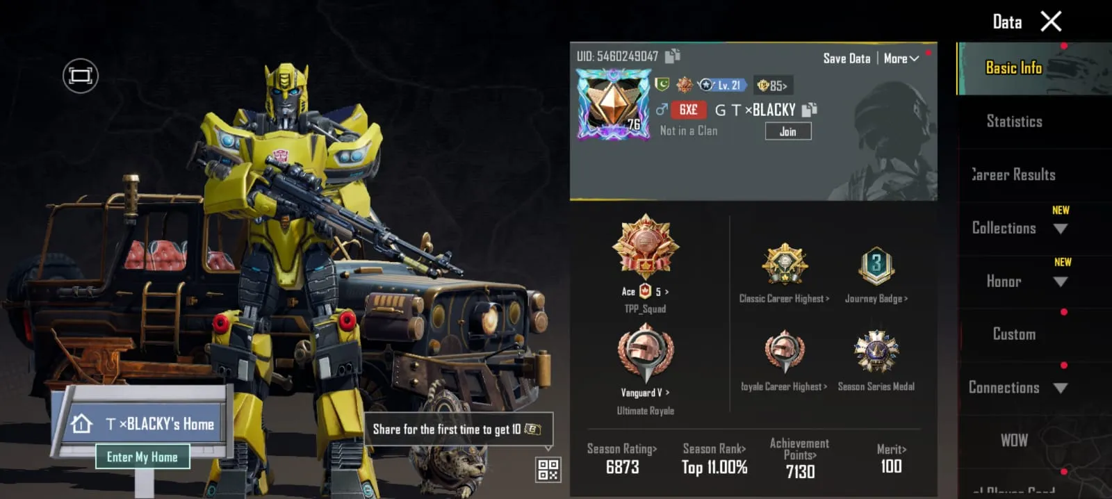 🔫 M416 Glacier Max Lv.7 🦄 52x Mythic Suits 💫Bumble Bee Set 💀 Transformers Set 🐲 Godzilla Set 🐦‍🔥 Rare Emotes 🏹Pharaohs Might M24 💣 Gernades Skins and Much More 💥29x Gunlab Skins  👹127x Total Mythics ✔️ Full Access